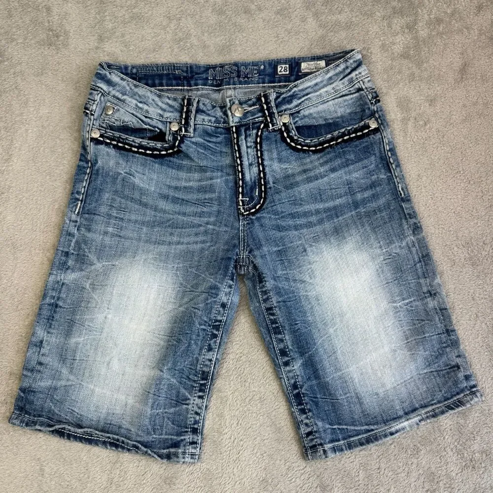 Miss Me Boyfriend Bermuda Shorts Womens 28 Blue Denim Whiskering Thick Stitch